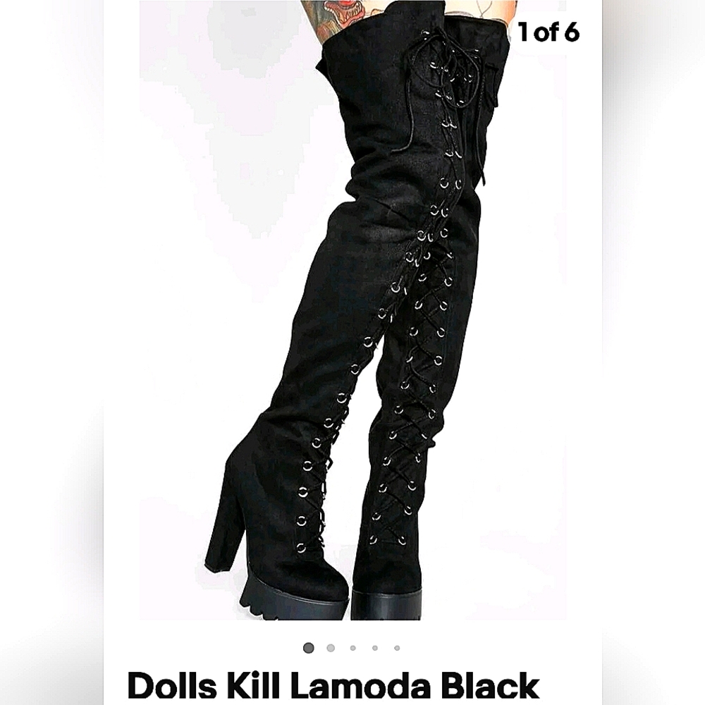 Dolls Kill Lamoda Black "Boy Trouble" Suade Platform Over Knee Lace Up Boots 6